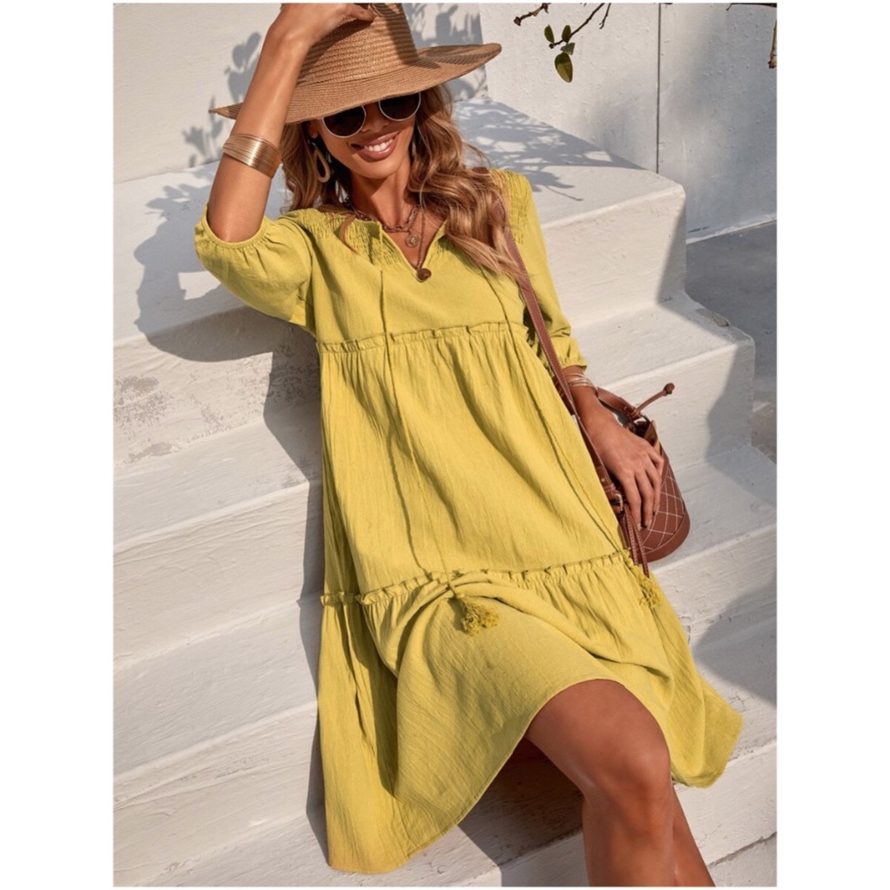 boho tassel front tie mustard 3/4 sleeve dress